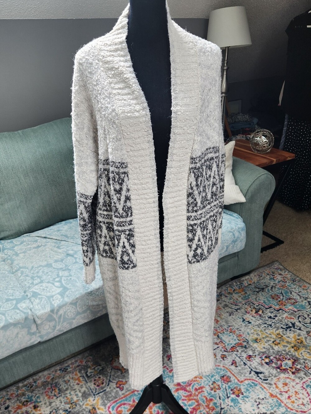 Joie Ivory Open-Front Duster Cardigan Black Geometric Print Medium Cotton Blend!